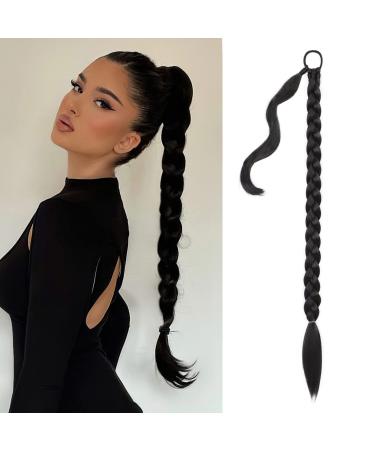 NANNAN 32inch Long Braided Ponytail Extension with Hair Tie Black Straight Wrap Around Hair Braid Extensions for Women Synthetic High Temperature Fluffy Natural Soft Hair Piece for Women Daily Wear 1PC Black
