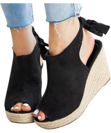 Womens Casual Summer Wedge Sandals | Open Toe Ankle Strap Platform Sandals | Comfortable Walking Beach Shoes - Black, Size 8.5 - Buy Online on GoSupps.com