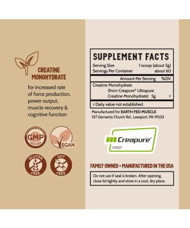 Earth Fed Muscle Transcend Creatine Monohydrate - Pure Creapure 100% Gluten & Soy Free - 5g Per Serving 60 Servings for Muscle Recovery & Energy - Buy Online on GoSupps.com