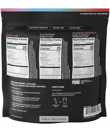 Prime Hydration Powder Sticks Variety Pack - Strawberry Watermelon Ice Pop & Blue Raspberry - 30 Pack (3 Flavours - Makes 30 Drinks) - Buy Online on GoSupps.com