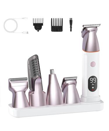 Bikini Trimmer for Women and Men 5-in-1 Wet/Dry Body Hair Trimmer Gentle Hair Removal Razor for Full Body Groomer Electric Razor Shaver with USB Charge Dock -No Nick No Cut No Razor Burn (Pink)