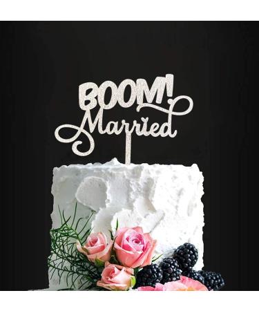 BOOM! Married Wedding Cake Topper Silver Glitter Funny Cake Topper Quirky Nerdy Topper