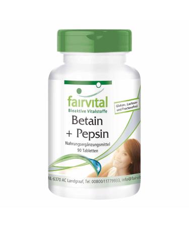 Fairvital | Betaine HCl with Pepsin - 650mg Betaine Hydrochloride per tablet - Digestive Enzymes - 90 Tablets - HIGH DOSE - Buy Online on GoSupps.com