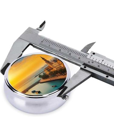 Sunset in Barcelona Portable Metal Pill Box | Round Mini 3-Compartment with Hinged Design - Perfect for Small Pills & Travel - Buy Online on GoSupps.com