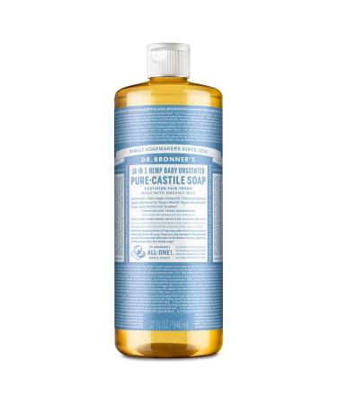 Dr. Bronner's - Pure-Castile Liquid Soap (Baby Unscented  32 Ounce) - Made with Organic Oils  18-in-1 Uses: Face  Hair  Laundry  Dishes  For Sensitive Skin  Babies  No Added Fragrance  Vegan  Non-GMO Unscented 32 Fl Oz (...