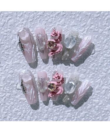 Hand Worn Nail Pink Chinese Loong Nude Removable Reusable False Nail Enhancement Patch(XS)