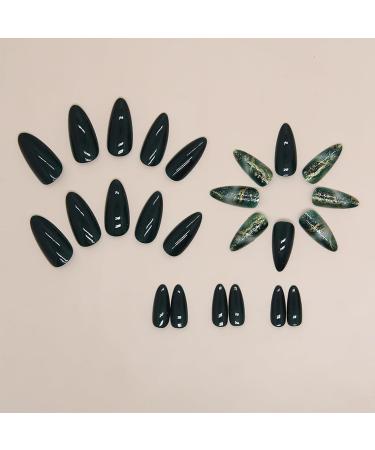 Dark Green Almond Press on Nails - Glossy Full Cover with Marble Designs & Gold Foil | Reusable Acrylic Nail Decor | 24 Pcs - Buy Online on GoSupps.com