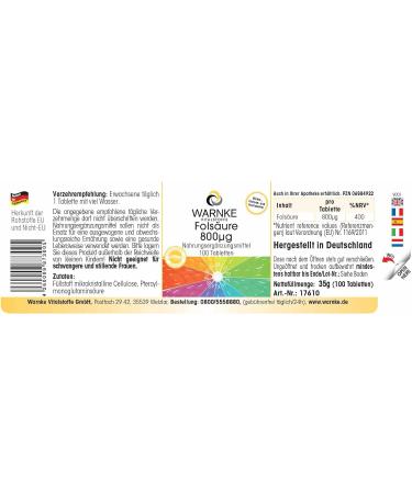 Folic Acid 800mcg Vegan Tablets - 100 ct | Warnke Vitalstoffe - Buy Online on GoSupps.com
