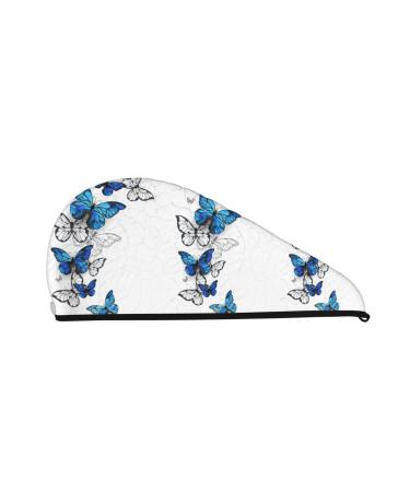 Hair Towel Wrap Hair Drying Towel with Button Towel Turban Head Towel to Dry Hair Quickly (Blue Flying Butterflies)