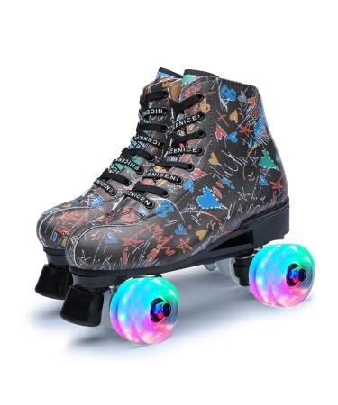 Classic Roller Skates Indoor/Outdoor Youth High Top Quad Rink Skate Shoes Black with Light up Wheels 11 M US Women/10.43"
