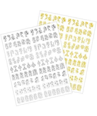 Mudder 216 Pieces 3D Flower Nail Art Stickers Decals Self-adhesive Nail Tips Decorations  2 Sheet (Silver and Gold)