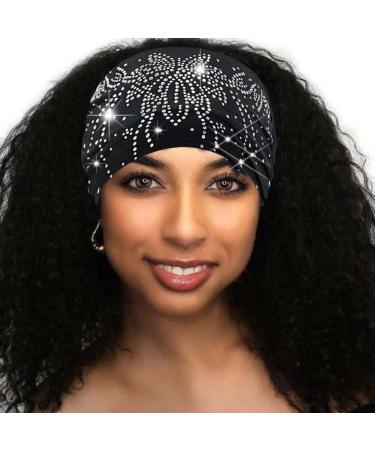 CAKURE Rhinestone Headbands Crystal Wide Head Bands Knotted Black Turban Sparkle Bling HairBands Party Club Head Wraps Glittery for Women and Girls (Type B)