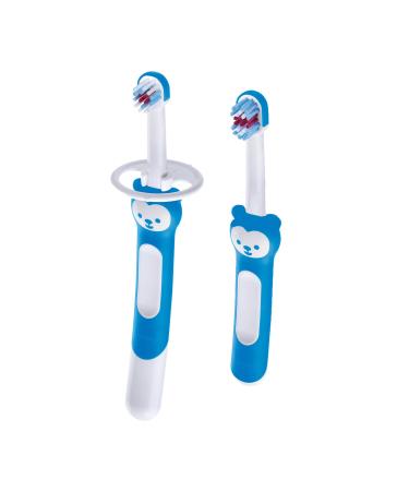 MAM Learn to Brush Set (1 Baby's Brush Toothbrush, 1 Training Brush, 1 Safety Shield), Baby Toothbrushes with Brushy The Bear, Interactive App, for Boys 5+ Months, Blue