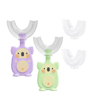 360 U-shaped toothbrush for toddlers for children aged 2 6 and 2 4 and 4 7 and 6 8 years all rounded teeth round wide 3 pages foam manual for boys and girls1 green koala + 1 purple koala + 2 heads