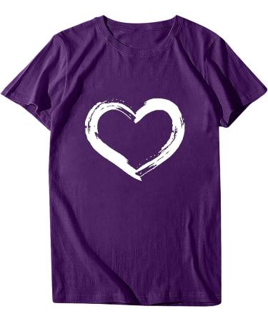 Womens Cute Love Heart Short Sleeve Top - Crewneck White Tee Blouse | Valentine Purple XL - Buy Online on GoSupps.com