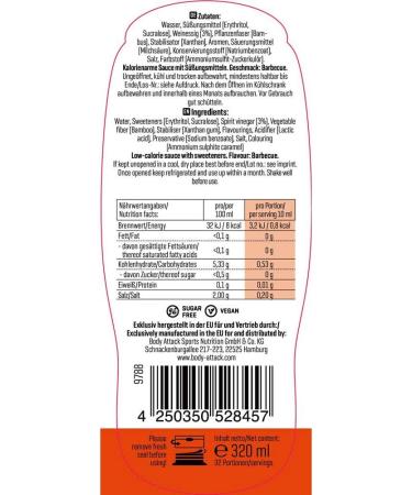 Body Attack Hot BBQ Grill Sauce 2x320ml - Low-Calorie Low-Fat Sugar-Free Lactose-Free - Perfect for Grilled Food & Diet Cooking - Buy Online on GoSupps.com