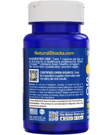 NATURAL STACKS Smart Omegas - Omega 3 Supplement w/ 200mg DHA & 200mg Blue Spirulina - Plant Based Algae Oil Omega 3 Supplement - Fish Oil Free Antioxidant Support - 30 Blue Spirulina Capsules - Buy Online on GoSupps.com