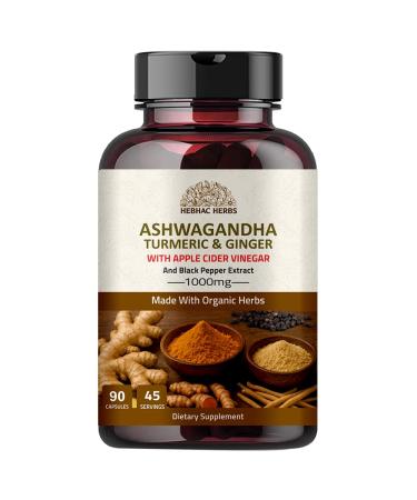 Hebhac Herbs Ashwagandha Capsules 90 Capsules 1000mg with Turmeric Ginger Apple Cider Vinegar and Black Pepper Extract | GMO Free Gluten Free Vegan | 45 Days Supply.