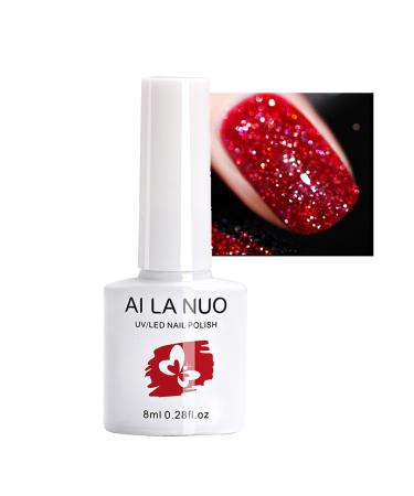 Glitter Gel Nail Polish - Reflective Nail Polish Diamond Classic Red Nail Gel Polish Soak-Off UV/LED Lamp Nail Varnish Gift for Women Nail Art Manicure DIY Home 8ML Reflective Red Glitter
