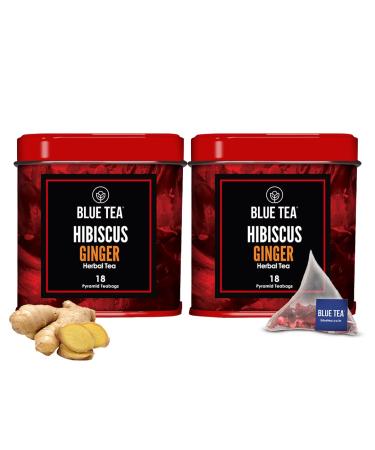 BLUE TEA - Hibiscus Ginger Herbal Tea - 36 Tea Bags (Pack of 2) || CAFFEINE FREE |Detox - Soothing Tea| Vegan - Gluten Free - Tin Packing(18X2)