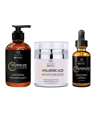 Radha Beauty Hyaluronic Acid Complete Facial Care Kit - 3-in-1 Anti-Aging Set with Cleanser, Serum, and Moisturizer for Wrinkles, and Dark Spots. Day & Night Brightening Skincare Gift Set