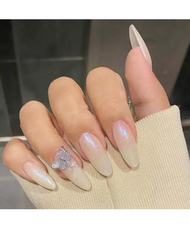 Hujl artificial nails aurora fake nail pull pictures 24 pieces/set long white butterfly decay pictures full nail art bridal tools artificial wedding
