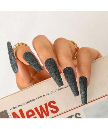 Sethexy Long Black Coffin Ballerina Nails | 24 Pack Matte Sparkle Acrylic Press-On Nail Tips for Women & Girls - Buy Online on GoSupps.com