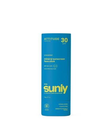 ATTITUDE ATTITUDE Mineral Face Sunscreen Stick for Kids SPF 30 EWG Verified Plastic-Free Broad Spectrum UVA/UVB Protection with Zinc Oxide Dermatologically Tested Vegan Unscented 20 g