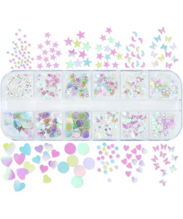 Nail Art Glitter Sequins - 3D Clear Iridescent Ultra-Thin Flakes with Mermaid, Love Heart, Butterfly, Star, Moon & Round Shapes - Nail Decor for Women's Manicures - Buy Online on GoSupps.com