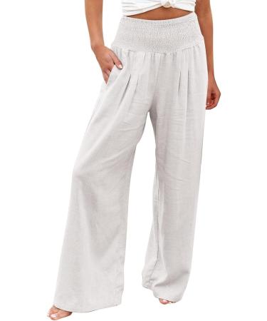 FUAIOKT Linen Wide Leg Beach Palazzo Pants for Women - High Waisted, Casual, Flowy, Smocked Lounge Trousers | S-5XL | A-White - Small - Buy Online on GoSupps.com