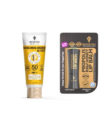 BEE and YOU SPF 50 Clear Sunscreen and Beeswax Lip Balm 100% Natural Propolis Extract Mineral Based Zinc Oxide Chapped Lips Treatment Severe Shea Butter Bundle: Sunscreen and Lip Balm