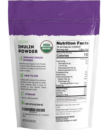 Kate Naturals Inulin Powder Organic from Blue Agave (8oz) Soluble Prebiotic Fiber for Coffee Yogurt & Smoothies 8 Ounce (Pack of 1) - Buy Online on GoSupps.com