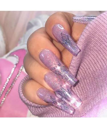 Brishow coffin artificial nails false nails long flame glitter press the nails ballerina acrylic 24 pieces for women and girls