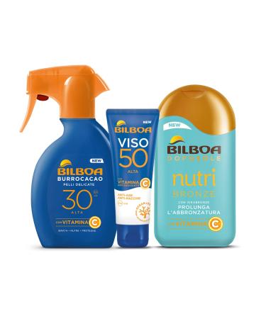 Bilboa high sun protection set with vitamin C trigger solar butter LSF 30 nutribonze with vitamin C and sunscreen face SPF50 light texture not fatty waterproof