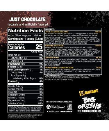 Mutant Big Greens | Green Supplement | Over 40 superfoods Land & Sea Greens Reds Antioxidants phytonutrients 1000mg spirulina Pre & Probiotic Blend | 30 Serving Just Chocolate Chocolate 8.68 Ounce (Pack of 1) - Buy Online on GoSupps.com