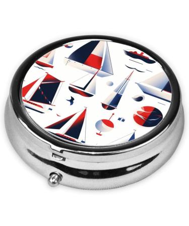 Cute Sailboat Graphics Portable Metal Pill Box | 3-Compartment Travel Pill Organizer with Hinged Design - Buy Online on GoSupps.com