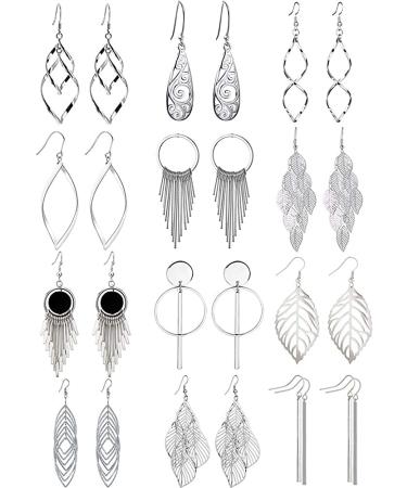 12 Pairs Drop Dangle Earrings boho Fashion Jewelry Vintage Statement Boho Bohemian Earrings Set for Women Girls 1 Silver