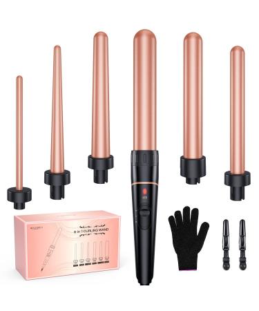 Long Barrel Wand Curling Iron - BESTOPE PRO 6 in 1 Curling Wand Set with Ceramic Barrel for Long Hair, 0.35"-1.25" Interchangeable Curling Iron Wand, Dual Voltage Wand Curler, Include Glove & Clips 0.35 Inch - 1.25 Inch Rose Gold