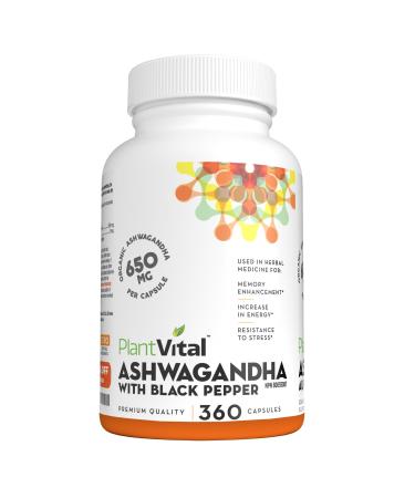 PlantVital Organic Ashwagandha Supplement with Black Pepper - 1300mg (two caps) Ashwagandha Capsules for Stress Relief Energy Increase Sleep Aid & Memory Support - 360 Vegan Ashwagandha Supplements 3 Bottles (6 Months Supply)