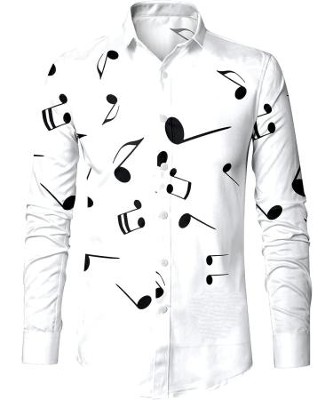 Men's Music Note Print Hawaiian Shirt - White Button Down Casual Shirt - Fall Long Sleeve Beach Shirt - Size Medium - Buy Online on GoSupps.com