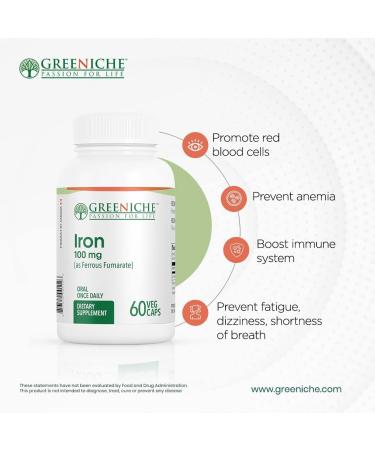 Greeniche Iron 60 Vegan Capsule 100mg - Gentle, High Absorption Iron Supplement for Immune Support - Non-Constipating & Gluten Free - 60 Count - Buy Online on GoSupps.com