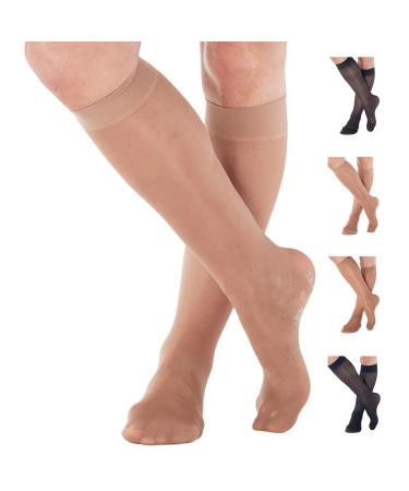 Knee High Compression Stockings Women 8-15mmHg for Flight Airplane Travel - Sheer Compression Support Stockings 8-15 mmHg for Women Circulation - Made in USA by Absolute Support - Beige, Large Large Beige