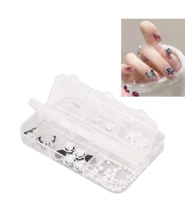 3D Black White Flower Nail Charms Nail Glitter Charm Rhinestones Ornaments Nail Art Decorations Glitter Accessories for DIY Craft Nail Art Design Manicure Decor