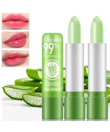 2 Pack Aloe Vera Lip Balm Hydrating Color Changing Lipstick Long Lasting Lip Care Nutritious Plumper Moisturizer Magic Temperature Color Change Lip Gloss Korean Makeup