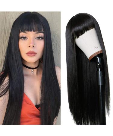 TIMANZO Long Straight Remy Hair Wigs Natural Black Heat Resistant Fiber Hair Full Machine Wig with Bangs Cosplay Party Wig For Fashion Women(24 Inches Natural Black Hair) natural black 24inch
