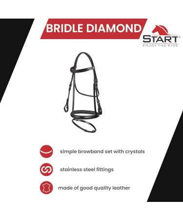 Premium Start Diamond Bridle for Horses - English Combined Riding Stitches Leather Reins 19mm Belt Wings - Ideal for Pony Thoroughbred and Warmblood - Stylish Black Bangs - Buy Online on GoSupps.com