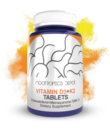 Nootropics Depot Vitamin D3 + K2 with Vitamin C Tablets | 365 Count | 125 g | Equivalent to 5000 IU | Year Supply 365 Count (Pack of 1)