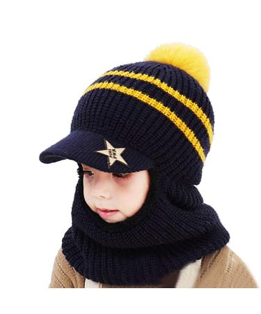 Uniyoung Baby Winter Warm Hat Scarf Toddler Girls Boys Ear Flaps Hood Balaclava Kids Fleece Lining Knit Pompom Beanie Hat with Visor Ski Snow Caps for 1-5 Years One Size Navy