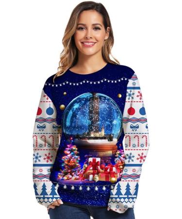 Bigfanshu Womans Fall Clothes 3D Print Christmas Long Sleeves O-Neck Pullover Sweatshirt Blouse Tops Dark Blue - Buy Online on GoSupps.com