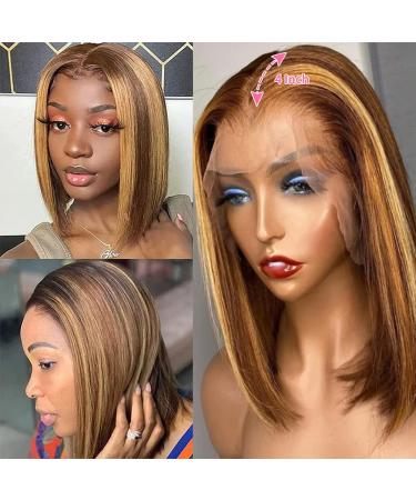 10 180% Density Highlight Ombre Bob Human Hair Wig P4/27 - HD Lace Frontal Pre Plucked - Blonde Front Wigs for Black Women - Buy Online on GoSupps.com